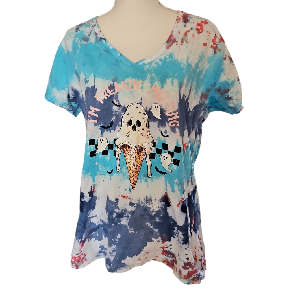 Gildan Tie-Dye Ghost Ice Cream Drip Tee - Blue Pink White Size Xlarge Women